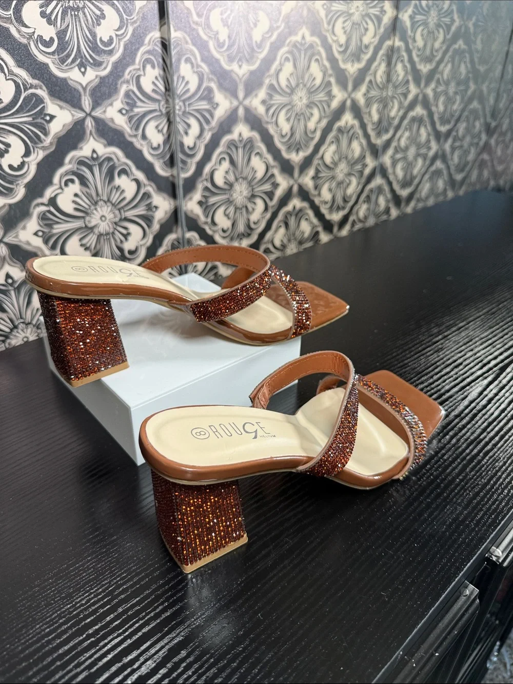 Rouge Brown Sparkle Beaded Block Heel Sandals
